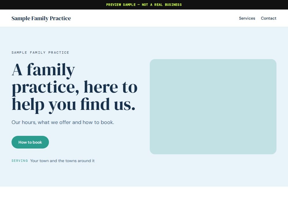 A sample practice site: soft blue, a serif headline, a single booking button