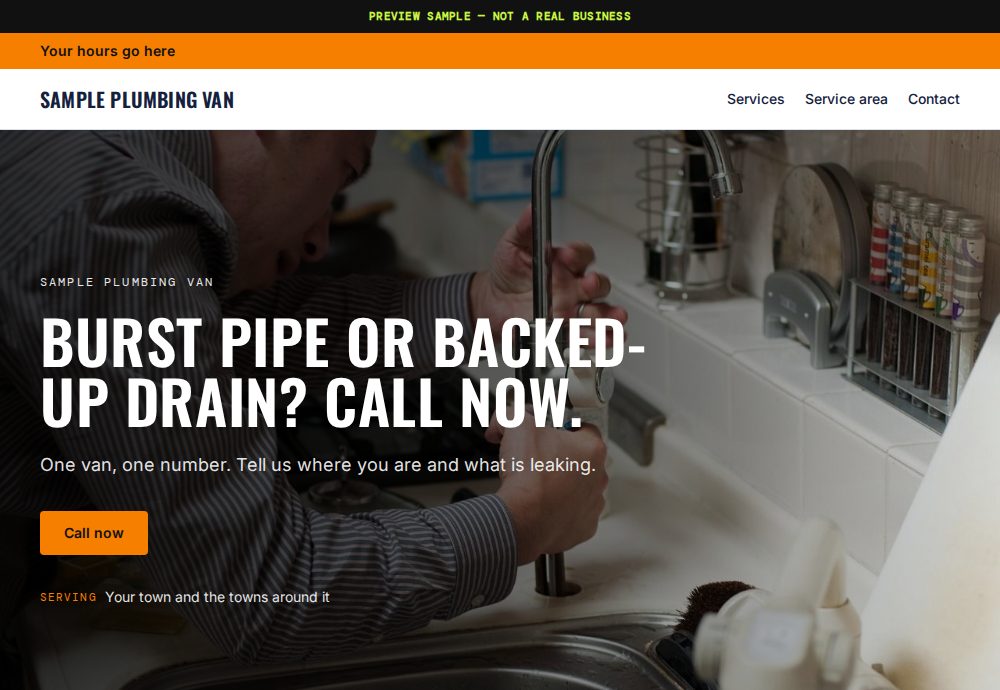 A sample plumbing site: dark photo, big condensed type, one call button